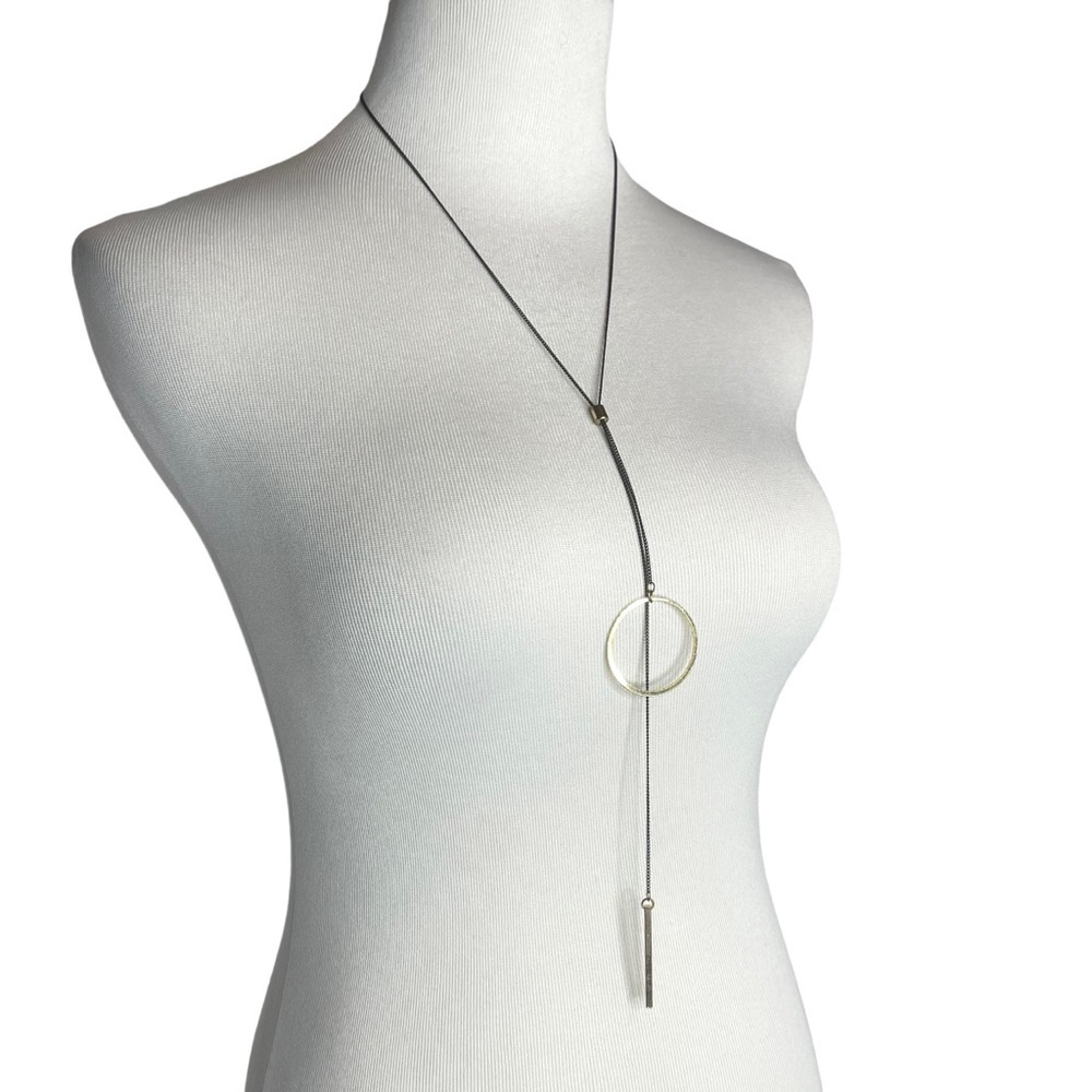 Boho Long Black Chain Necklace with Open Gold Circle and Bar Drop